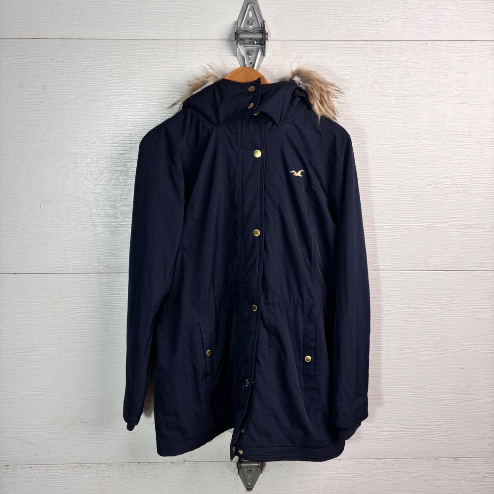2000s Hollister Sherpa Parka Navy Faux Fur Hood All Weather Winter Coat XL